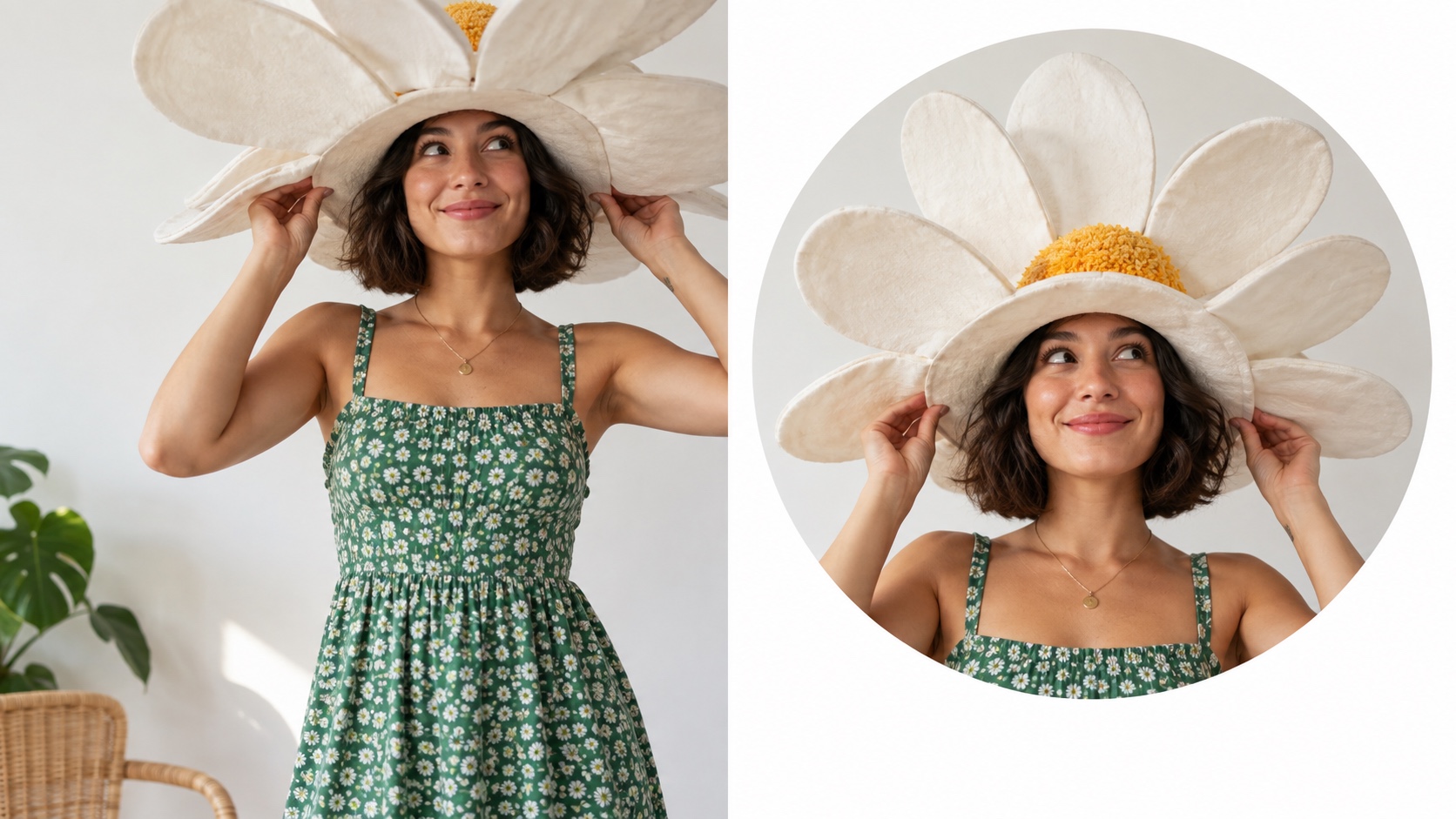 Two frames compare a novelty flower hat cropped too widely with a centered circular composition that keeps the face and hat visible.