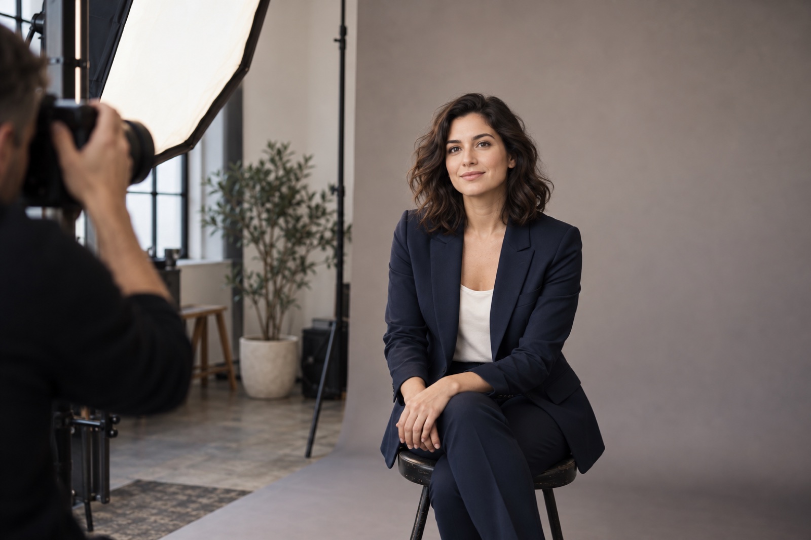 Illustrative professional headshot session with a photographer, seated subject, softbox, and neutral studio backdrop.