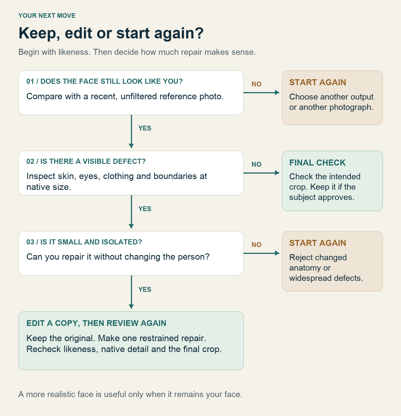 A decision flow checks likeness first, then visible defects and repair scope, leading to keep, edit a copy or start again.