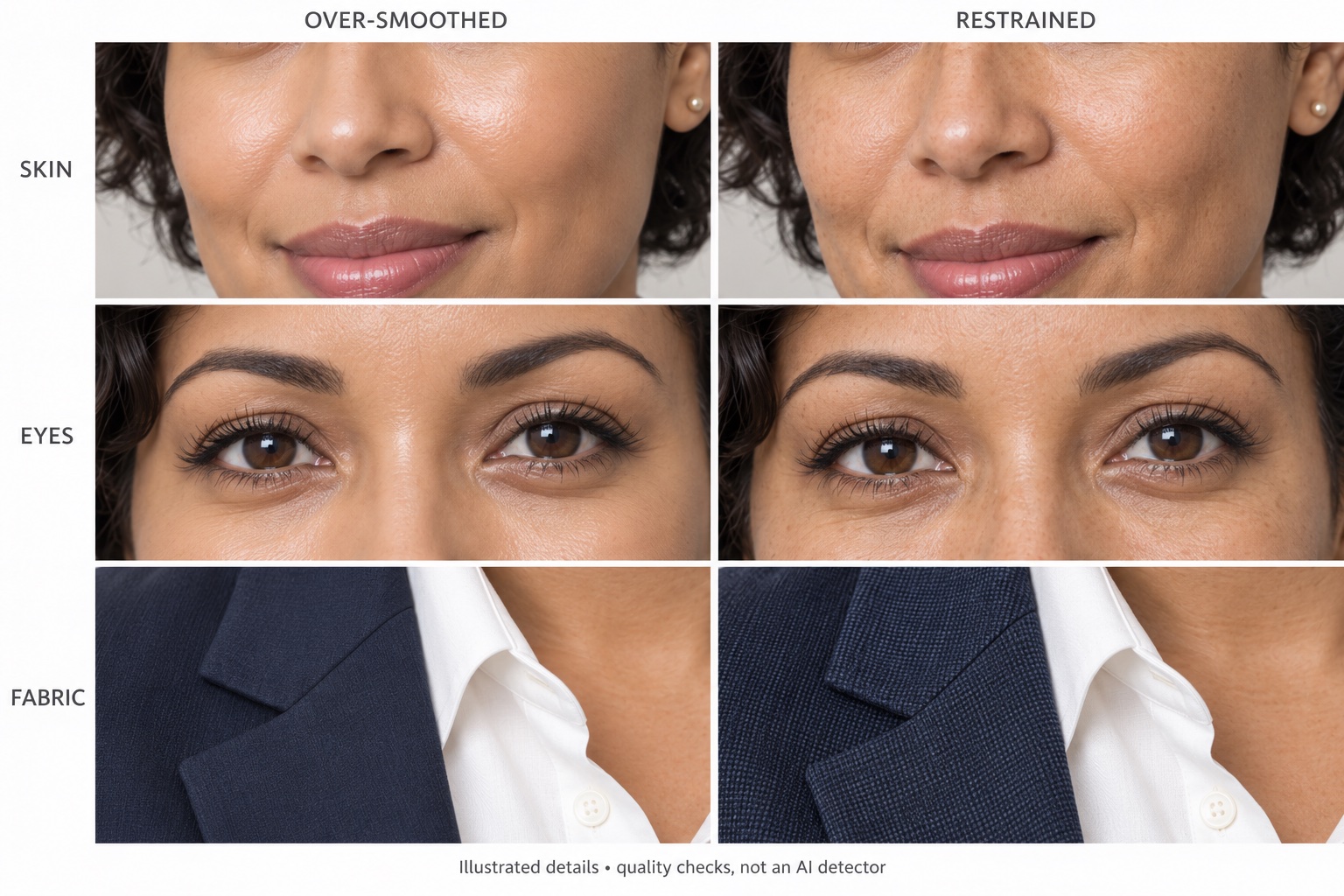 Matched close-ups compare cheek texture, eye reflections, and blazer weave in two illustrated portrait treatments.