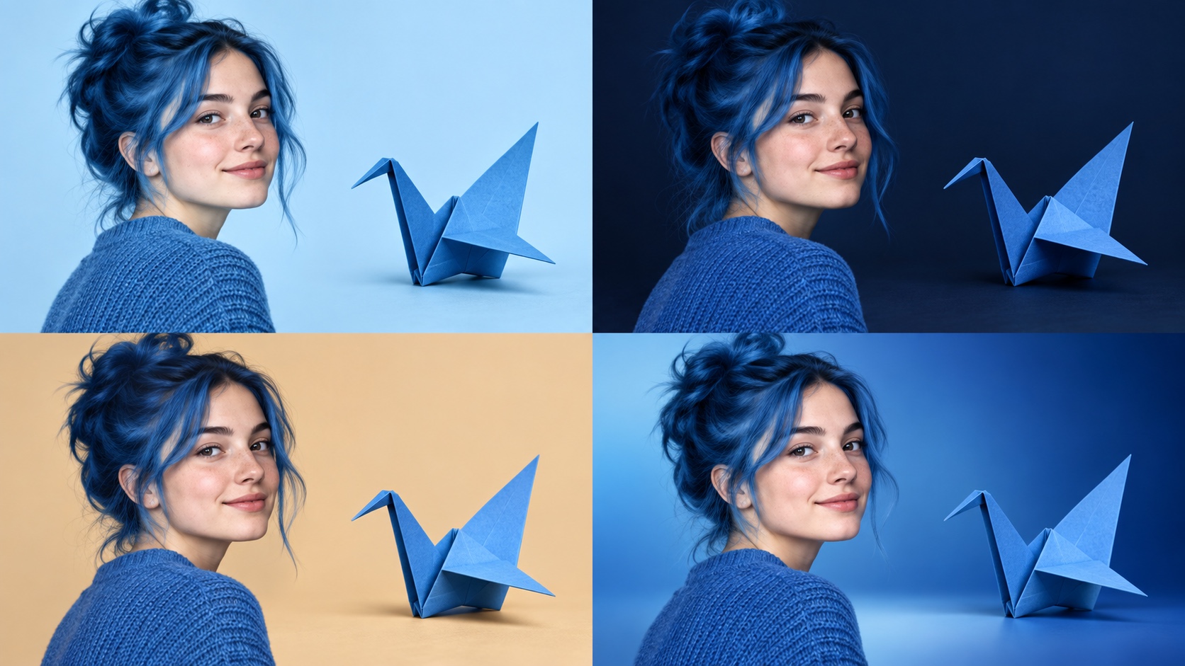 Four panels compare a blue-haired portrait and folded paper bird against light blue, navy, warm beige, and gradient backgrounds.