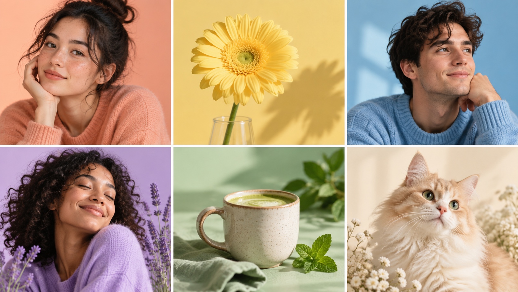 Six profile-picture tiles use peach, yellow, blue, lavender, mint, and cream with portraits, a flower, a mug, and a cat.