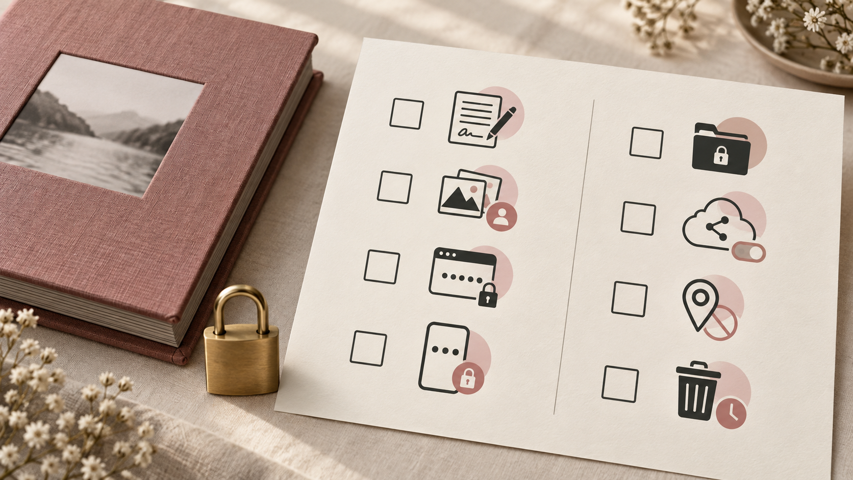 A clean privacy checklist card uses icons for consent, portfolio use, passwords, secure storage, sharing, metadata and deletion.