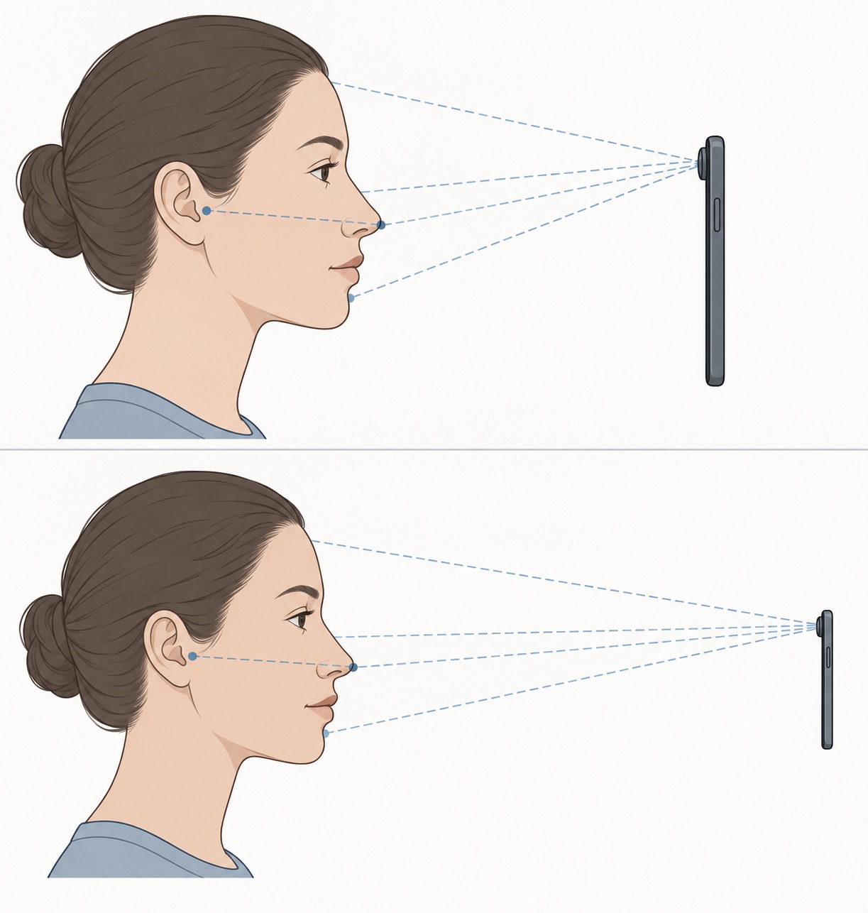Side-view illustration of a phone close to and farther from the same face, showing different camera-to-feature distances.