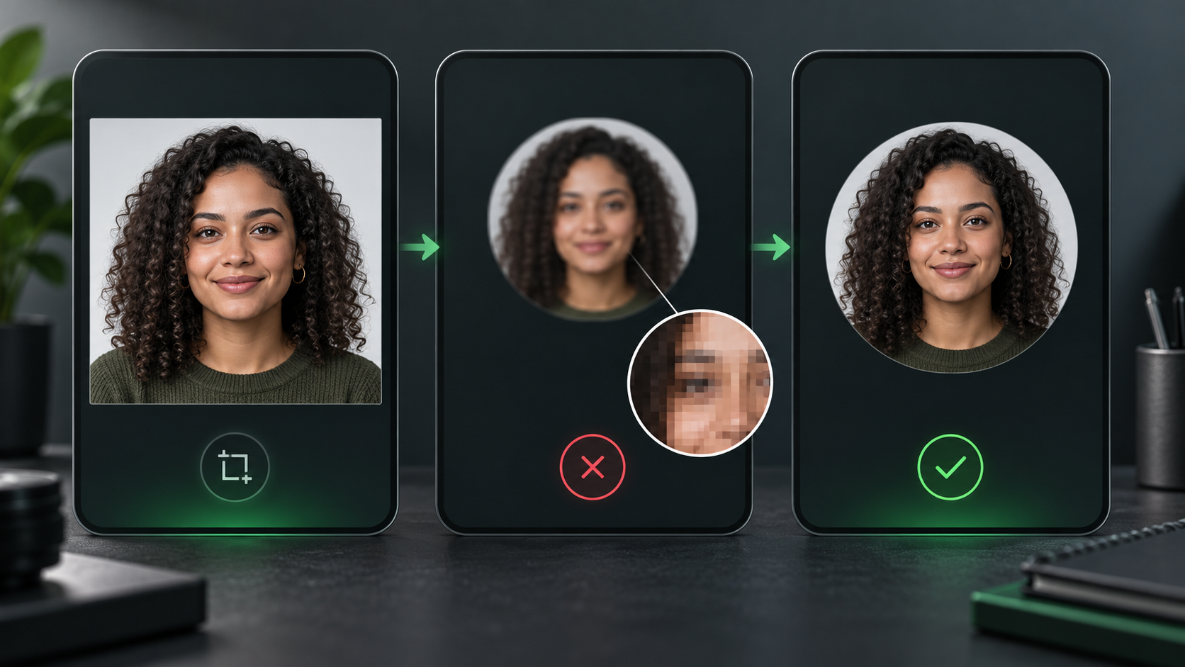 Three profile-photo states compare a sharp source portrait, a blurry circular upload and a clearer corrected avatar.
