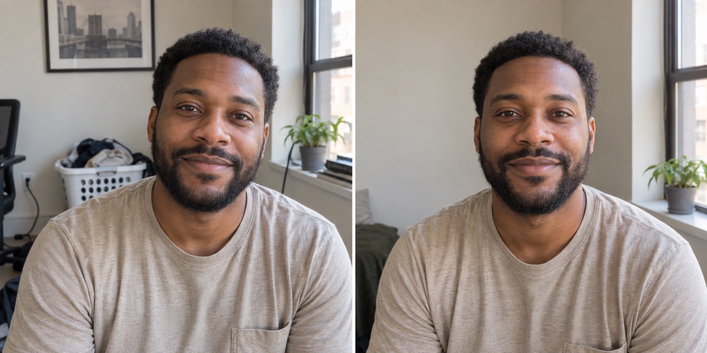 Side-by-side headshots in a small apartment, first with a laundry basket behind the subject and then with a clean wall in frame