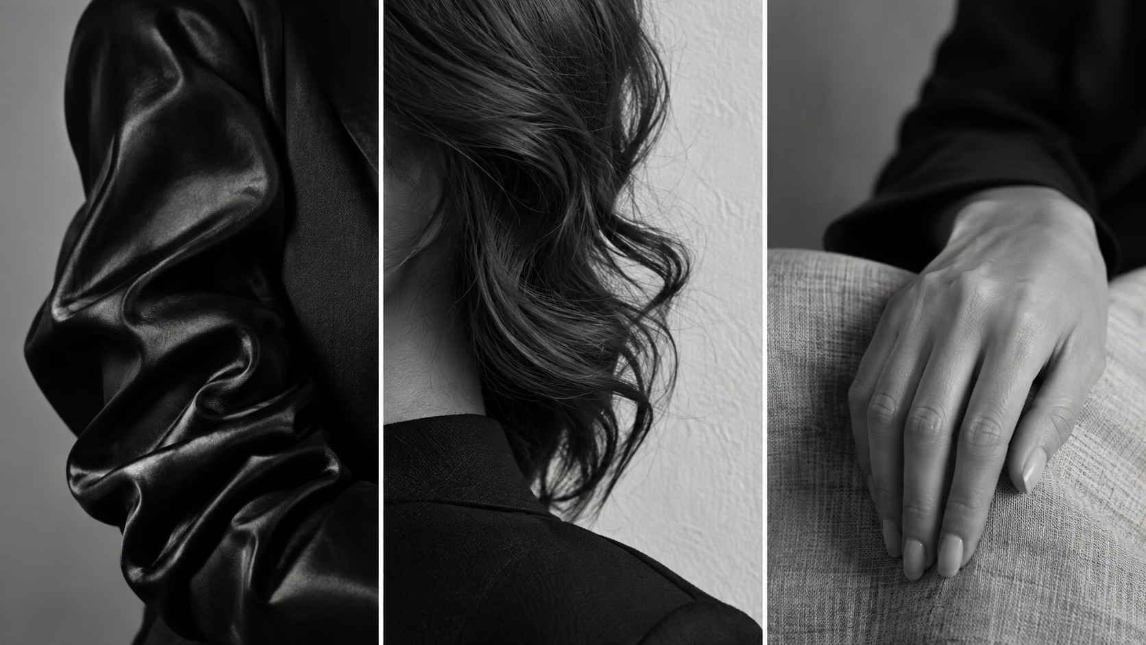 Three monochrome close-ups show satin folds, curled hair and a hand resting on textured linen