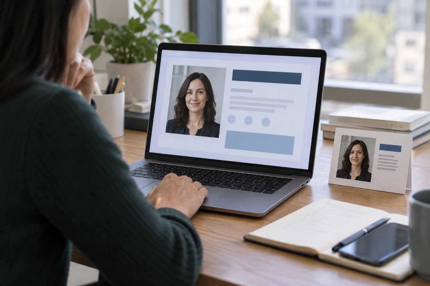 Organizer reviewing a speaker portrait on a laptop and a small program card