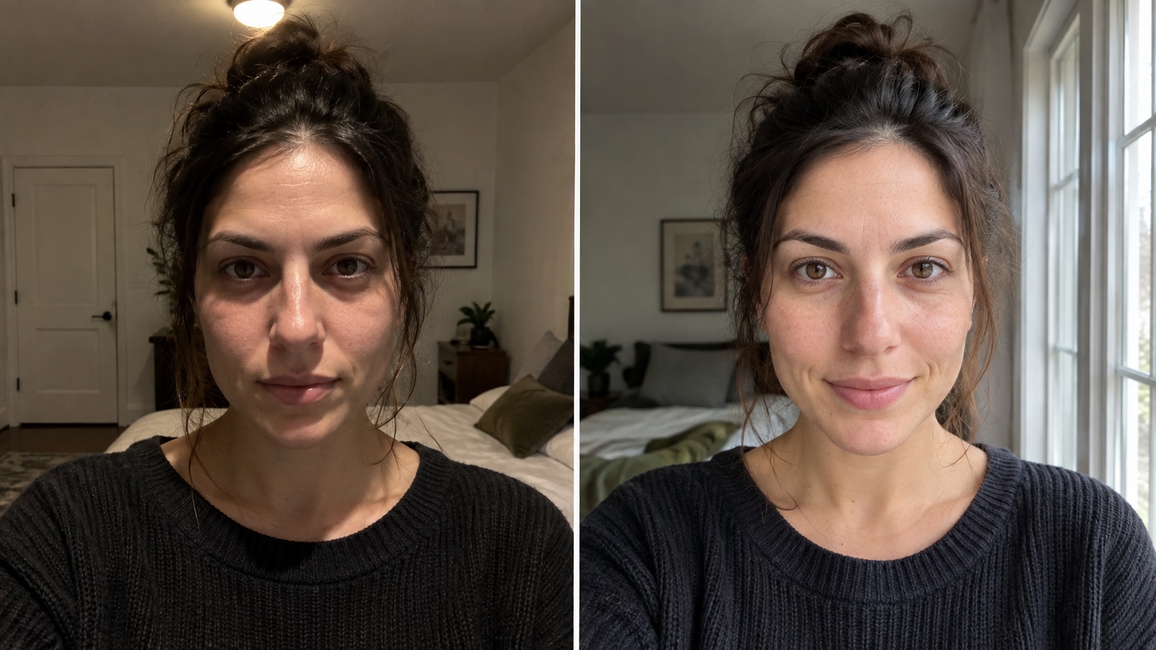 Two selfies of the same person compare harsh overhead light with soft, even window light.