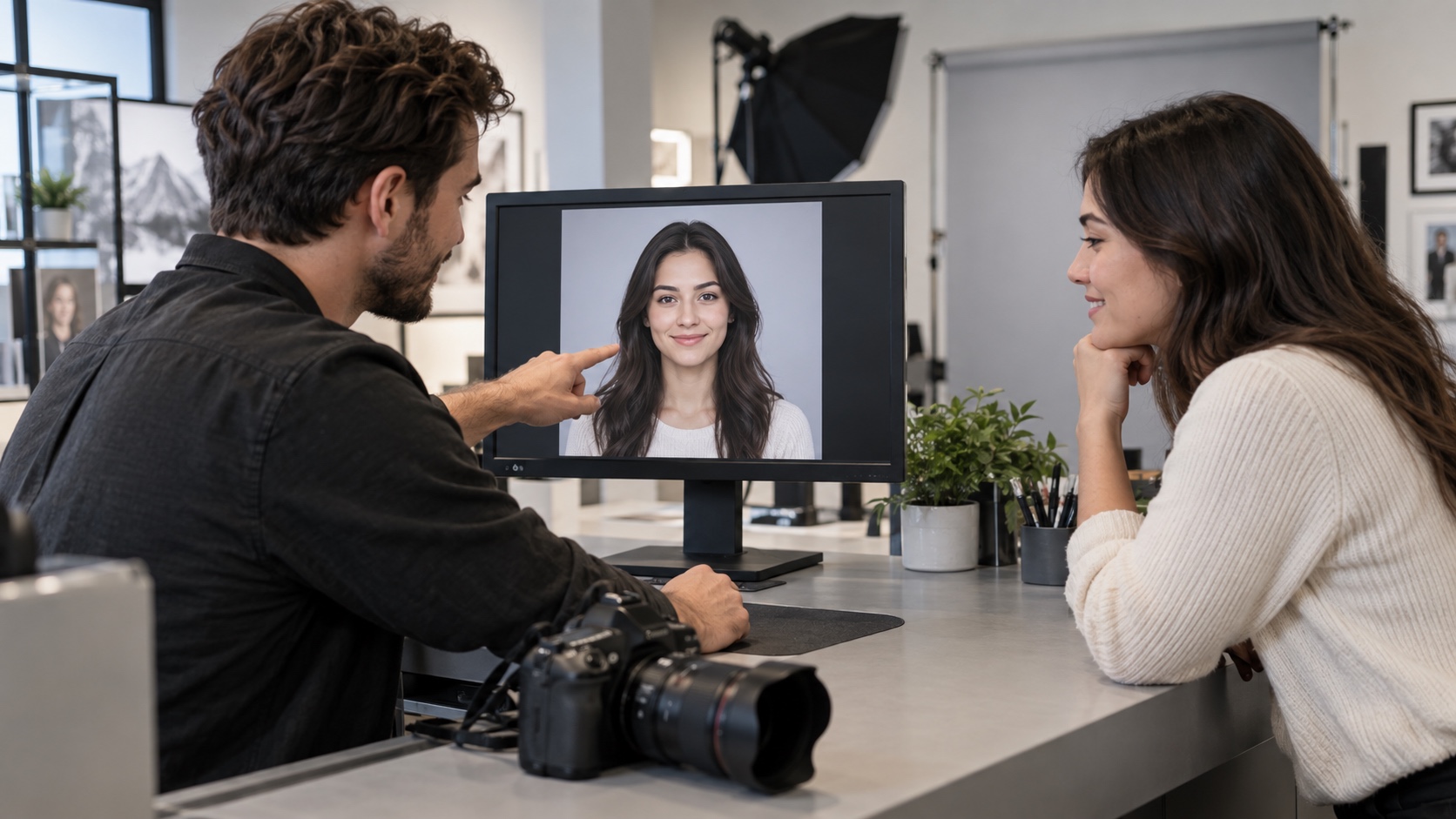 A photographer and customer review a neutral-background headshot together on a studio monitor.