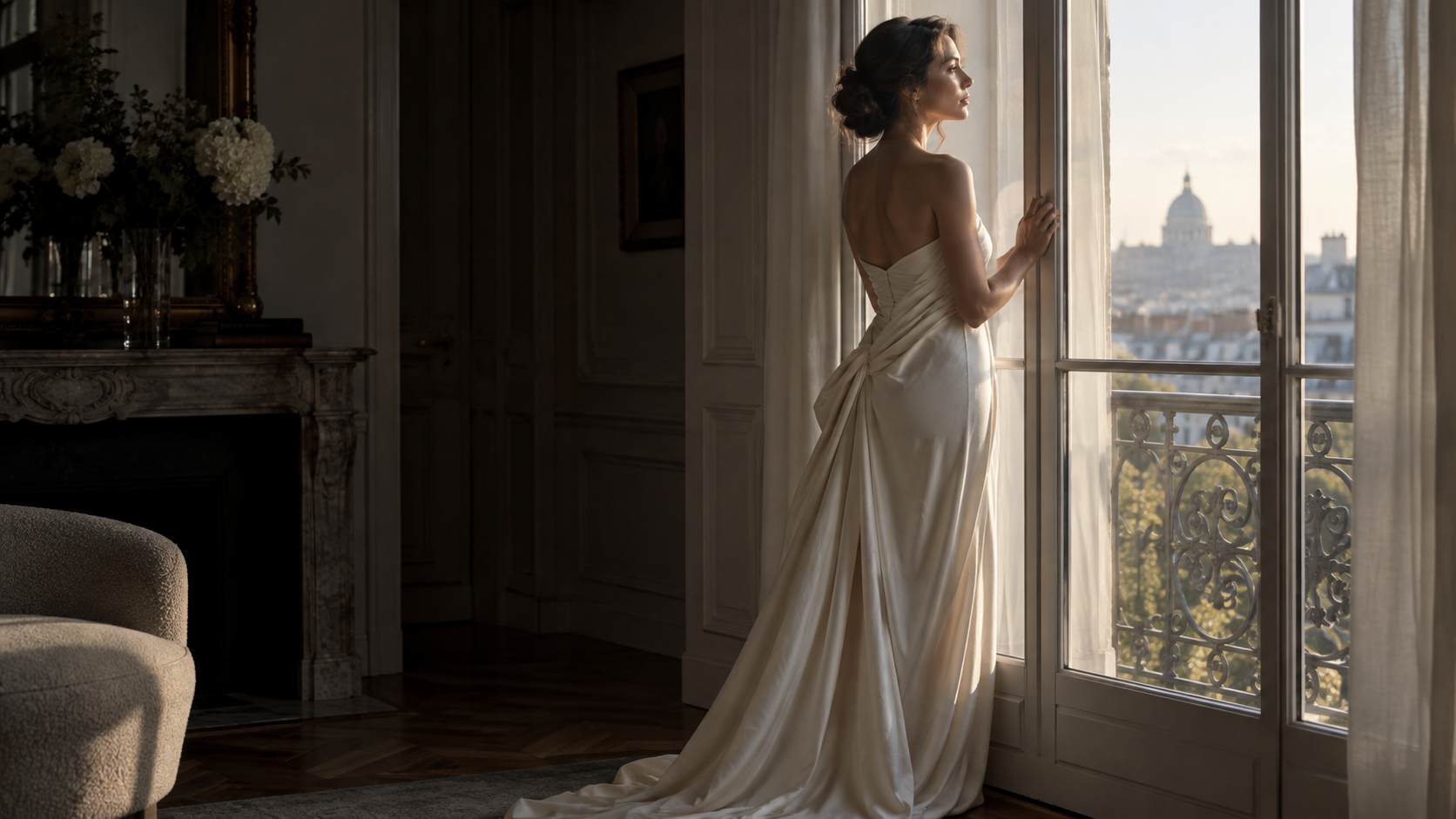 An adult woman in an opaque ivory drape stands in profile beside a window, with bare shoulders outlined by soft backlight.