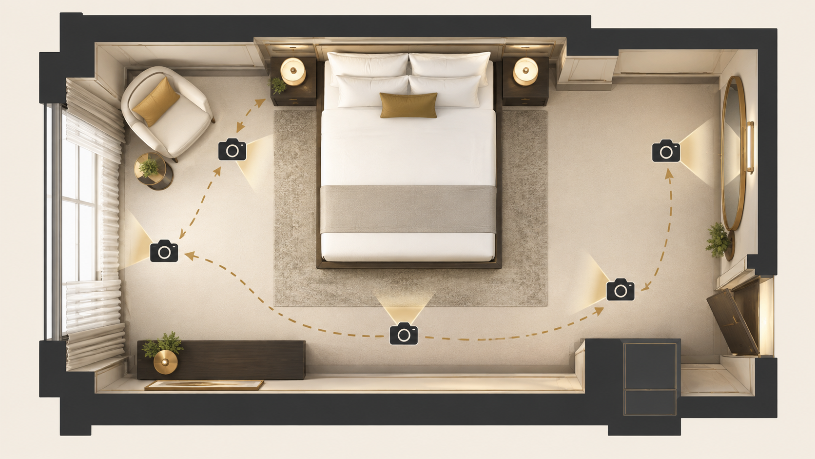 Top-down hotel room map connects five camera positions around the window, chair, bed, mirror and doorway