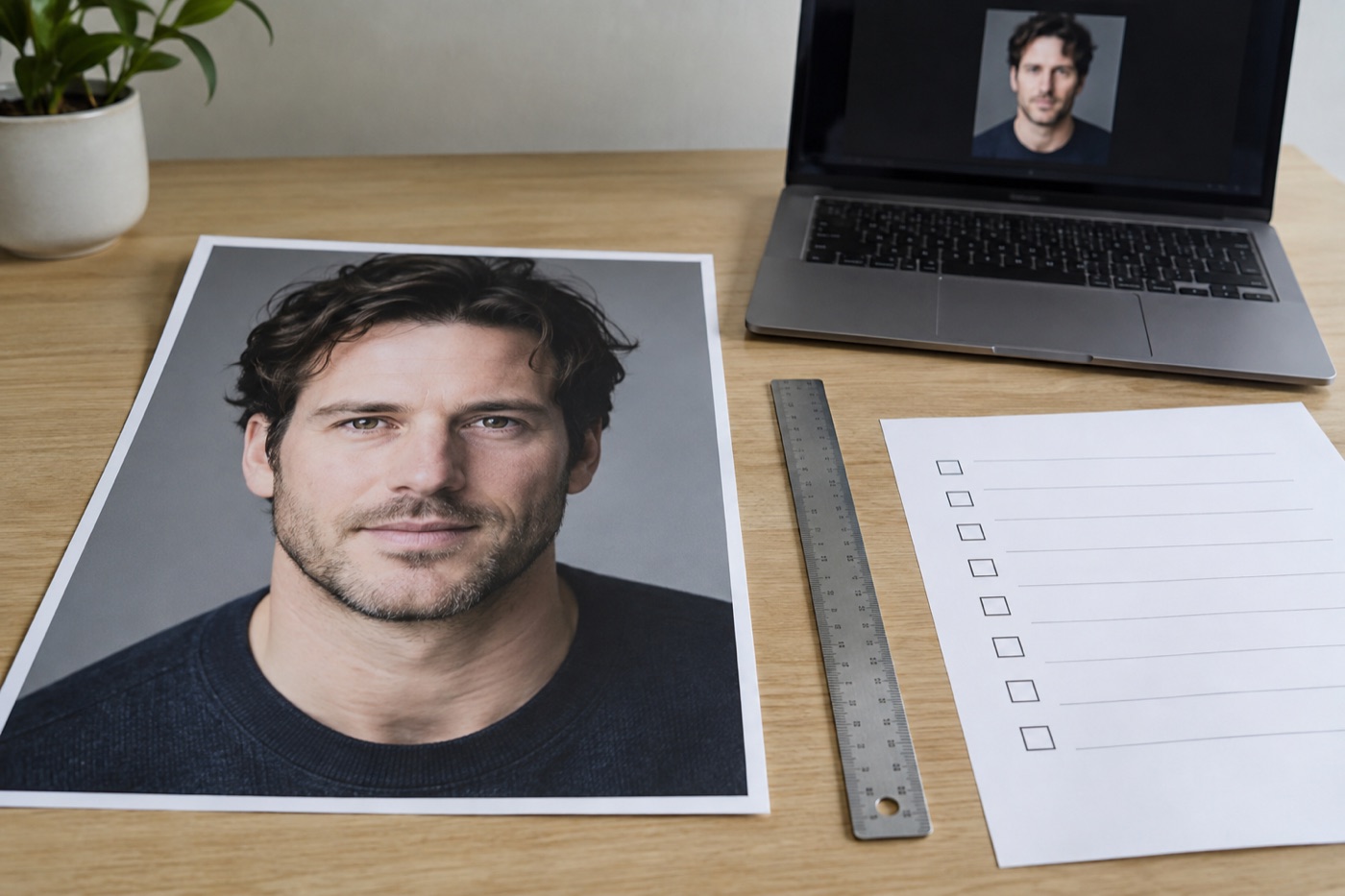 An actor headshot print beside a small matching casting thumbnail and an empty checklist