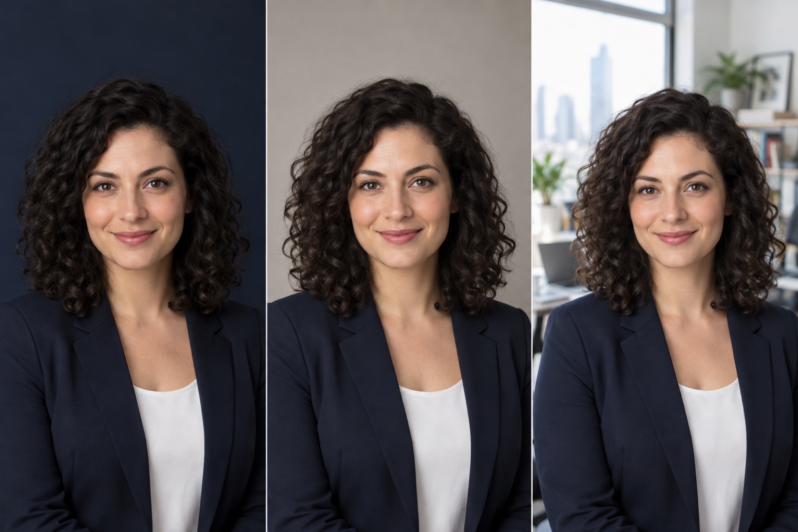 Three illustrative headshots compare dark, neutral, and busy office backgrounds around the same subject.