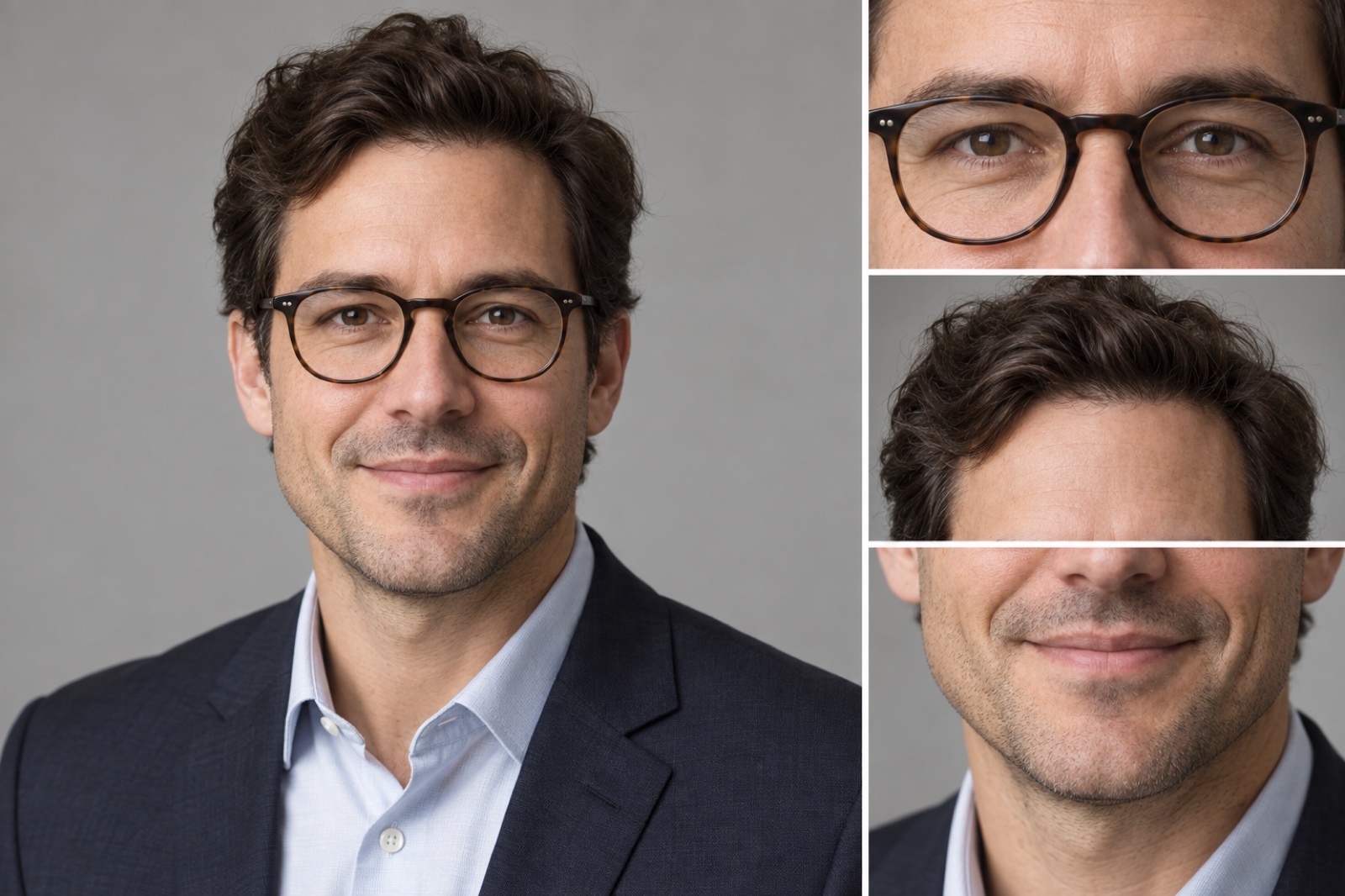 An illustrative portrait with close views of the eyes, hairline, and smile for likeness review.
