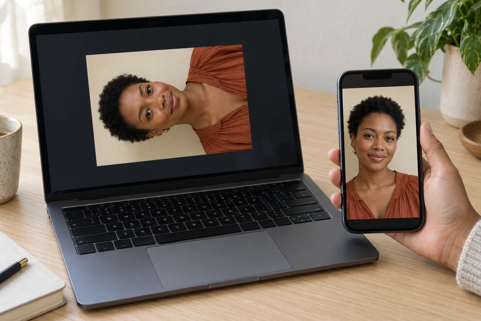 A phone displays an upright portrait while the laptop beside it displays a sideways portrait.
