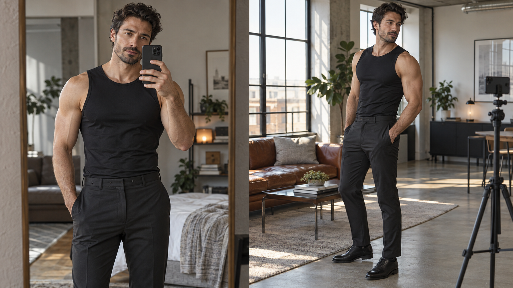 A matched split scene compares an adult man's relaxed mirror portrait with a hands-free phone-timer pose.