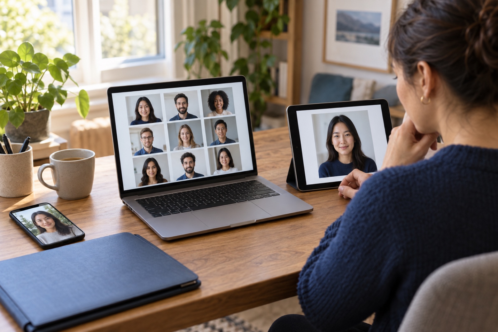 Illustration of a person reviewing a remote team's portrait grid and one individual portrait before publication.