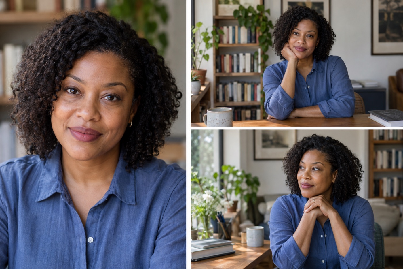 One author portrait session shown as a close headshot and two wider publicity crops