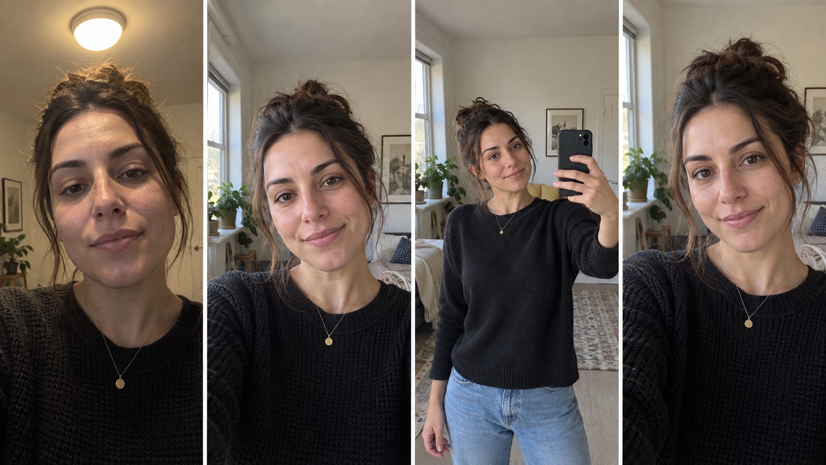 Four matched selfie frames compare overhead light, window light, greater camera distance, and a clean final crop.