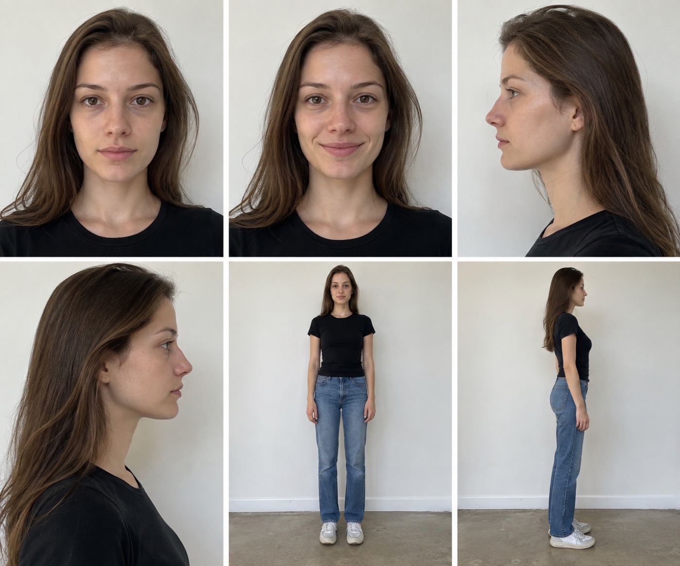 Illustrative six-frame modeling digitals sheet showing face, profile, and full-length views
