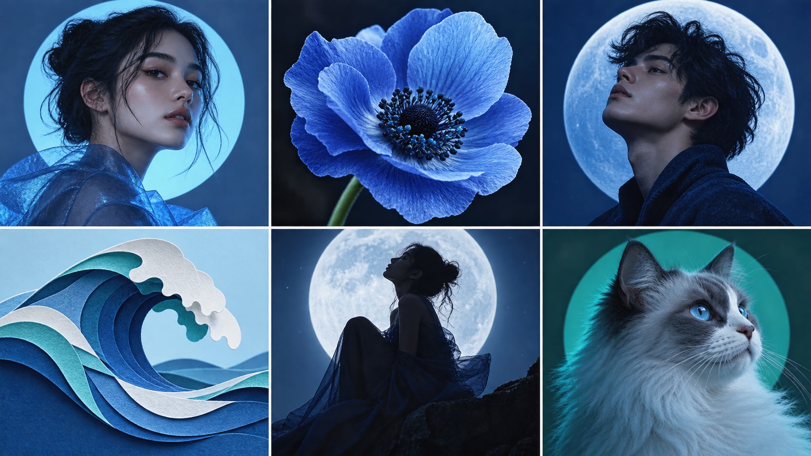 Six blue avatar tiles use portraits, a flower, a paper wave, a moonlit silhouette, and a cat across cobalt, cyan, navy, powder blue, teal, and indigo.