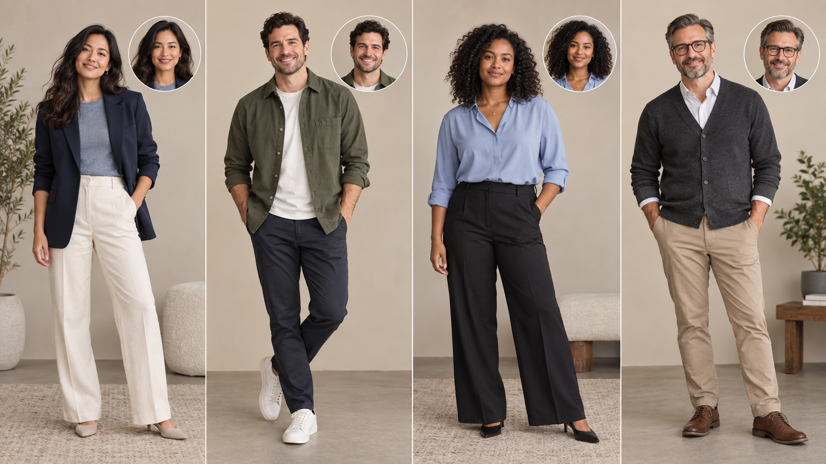 Four professionals in business-casual outfits, each paired with a circular headshot crop.