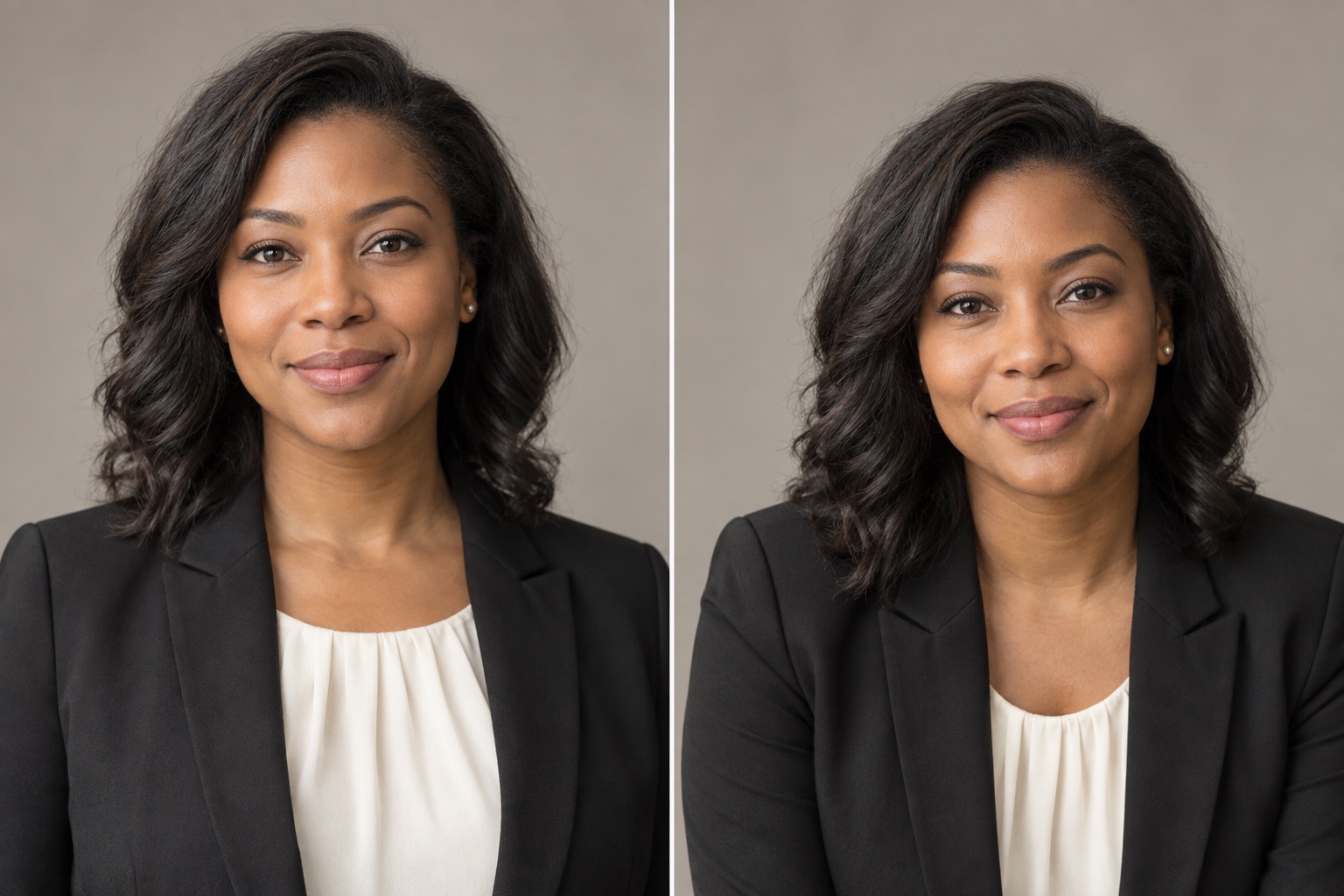Two illustrative tight headshot crops compare the same subject standing and seated against a similar background.