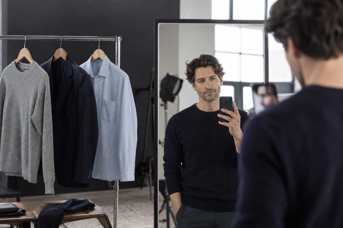 Actor checking simple knit, jacket, and shirt options before a headshot session