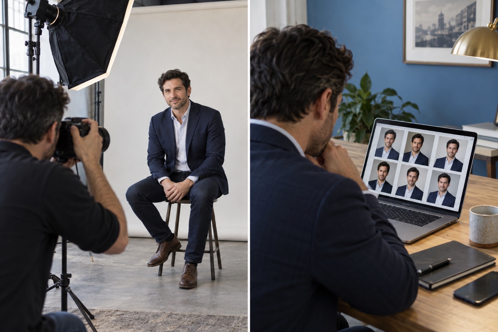 Illustration of a studio portrait session beside a person reviewing portrait options on a laptop.