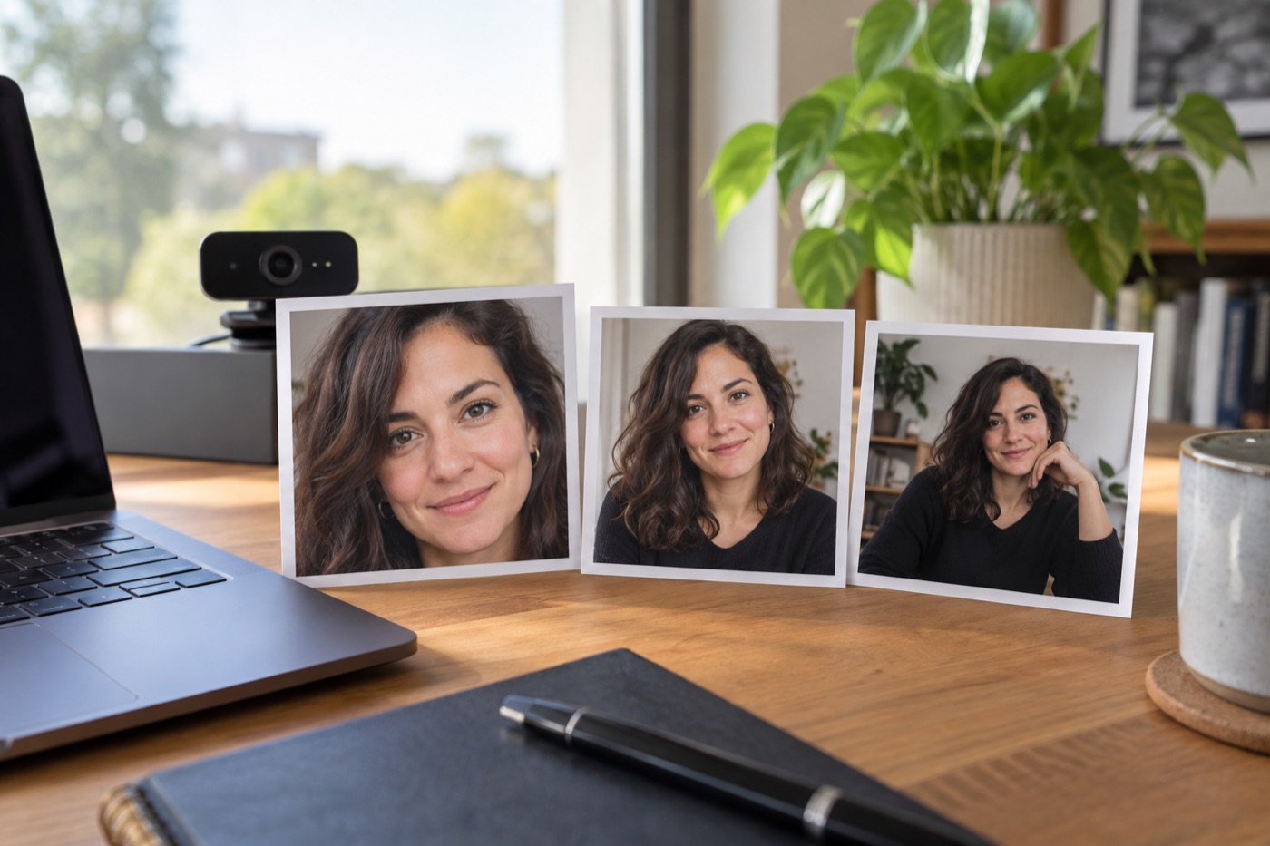 Three different crops of the same work portrait on a desk beside a laptop