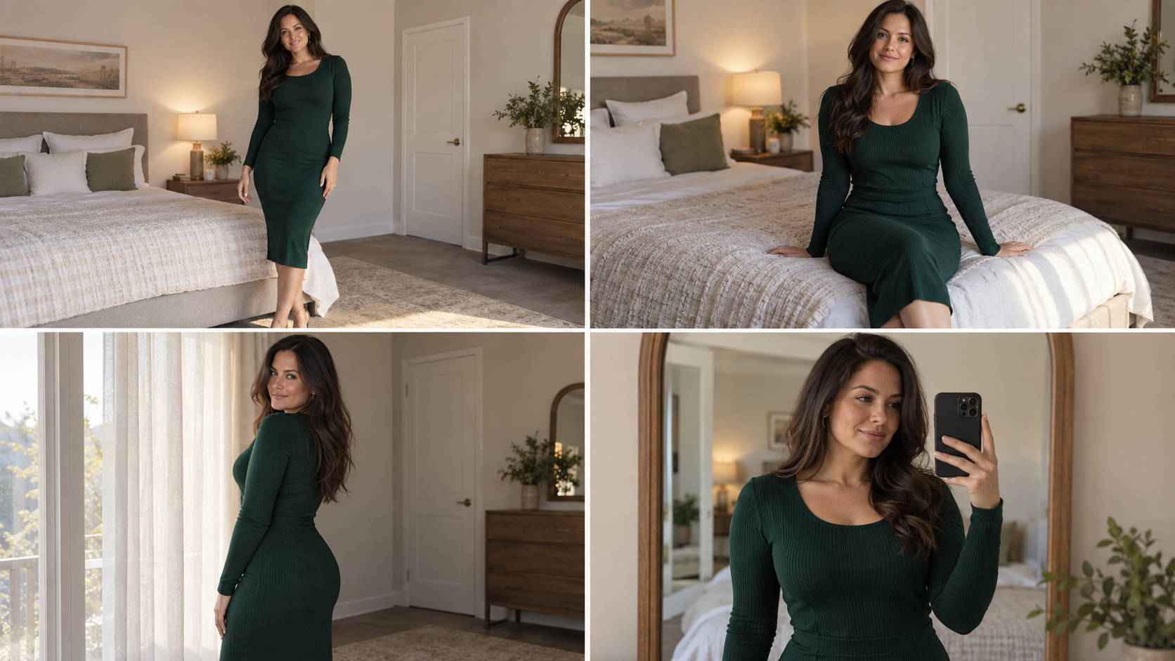 Four bedroom selfie poses show standing, bed-edge seated, curtain-side and close mirror compositions