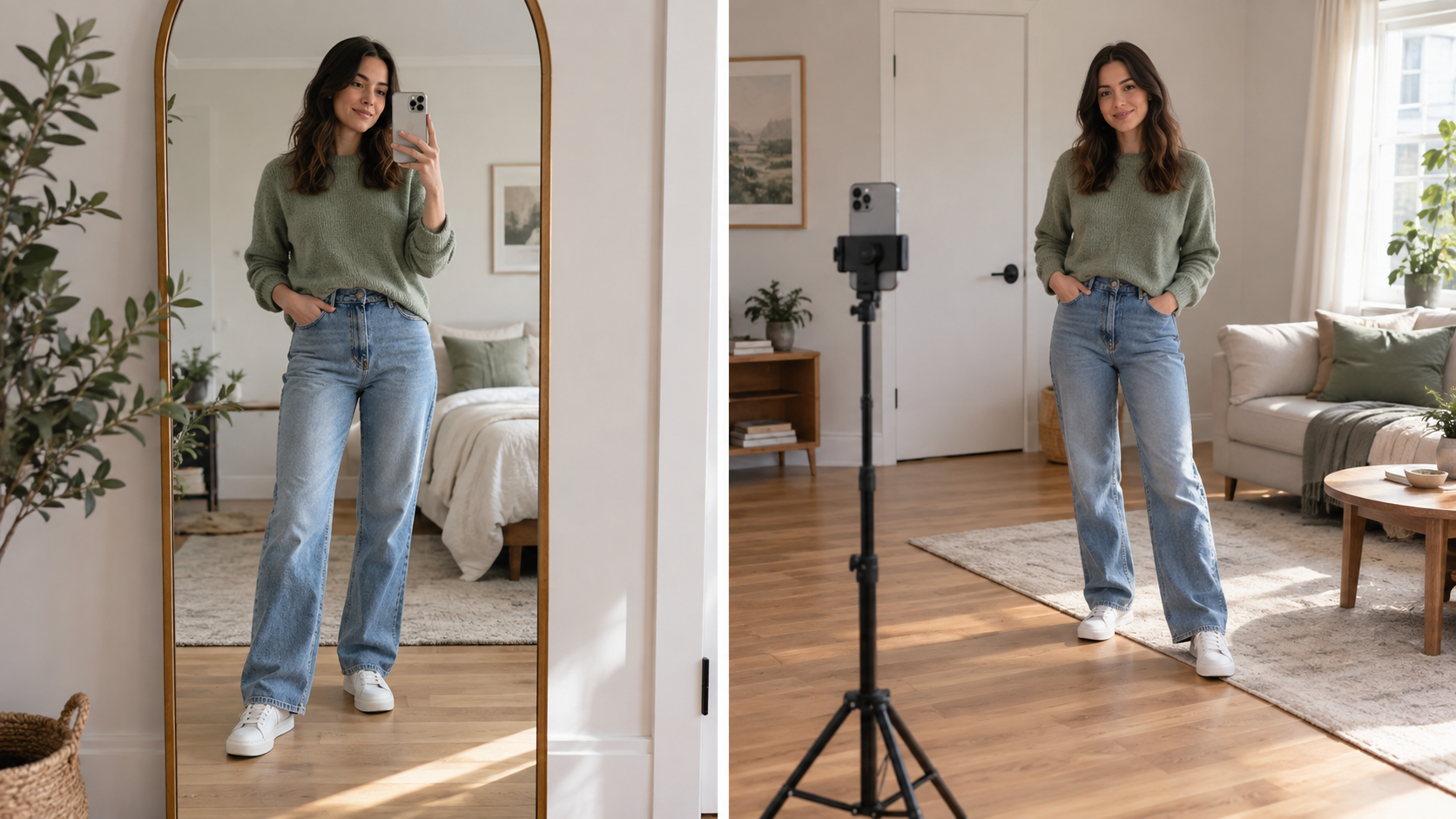 A matched split scene compares a full-body mirror selfie with a phone-timer setup in the same room.
