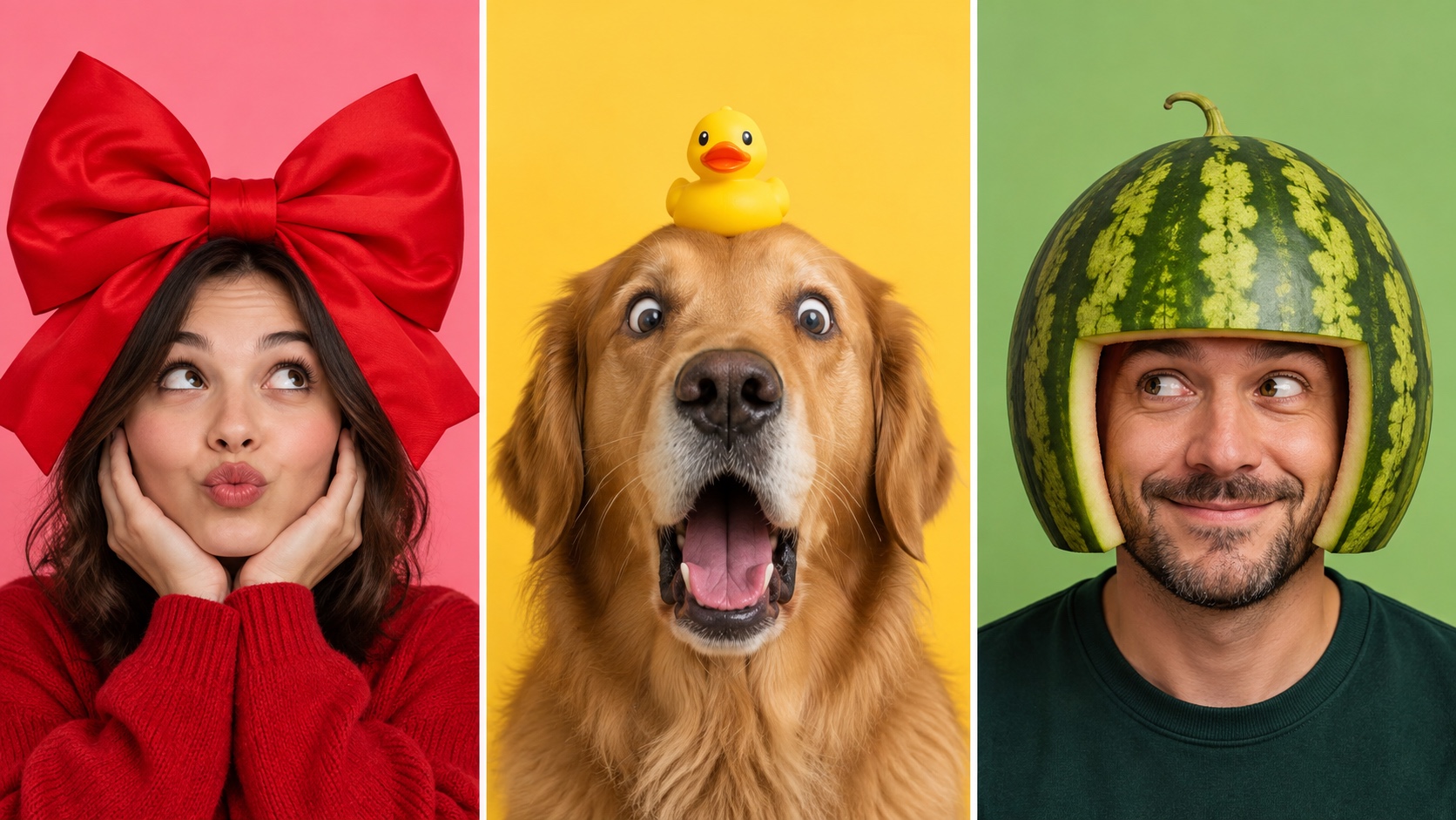 Three funny avatar concepts feature an oversized red bow, a surprised dog with a rubber duck, and a watermelon helmet.