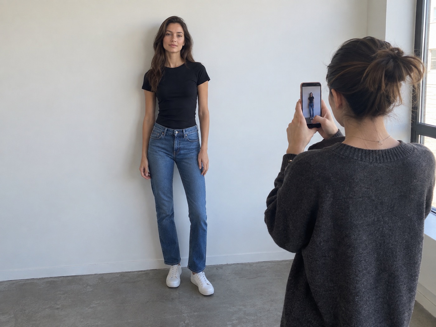 Friend taking a straightforward full-length phone photograph of an adult applicant in daylight