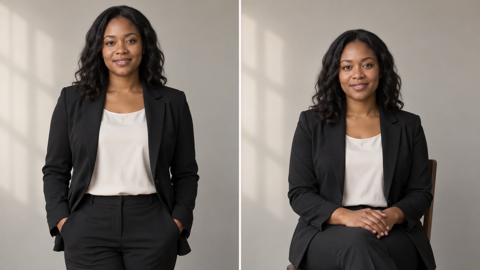 The same professional is shown standing and seated against a plain background in two matched portrait panels.