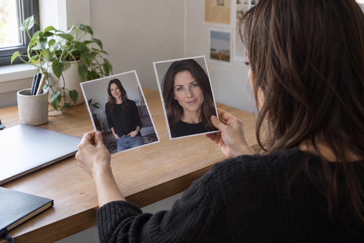 Actor comparing a wider portrait with a tighter, clearer face photo