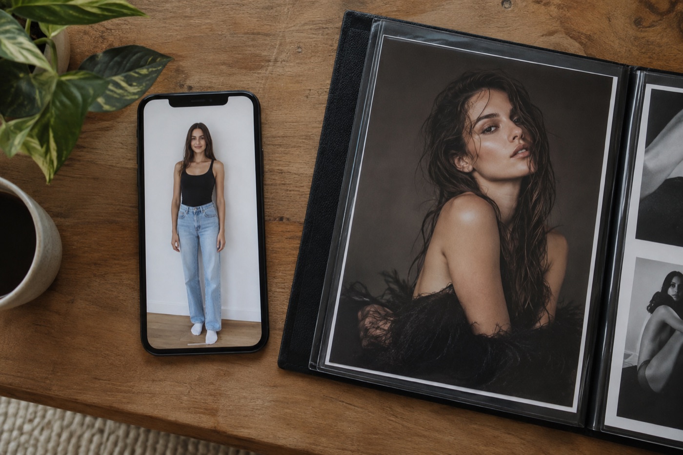 Plain full-length phone snapshot beside a separate styled portfolio portrait