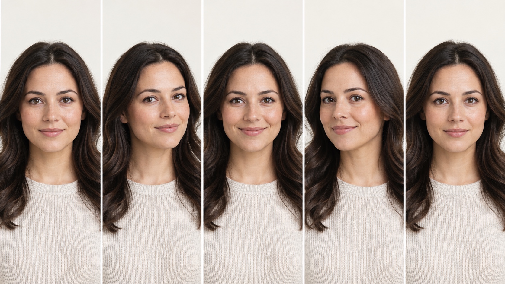 Five portraits show open eyes, a closed mouth, an upright head, relaxed brows, and a natural gentle expression.