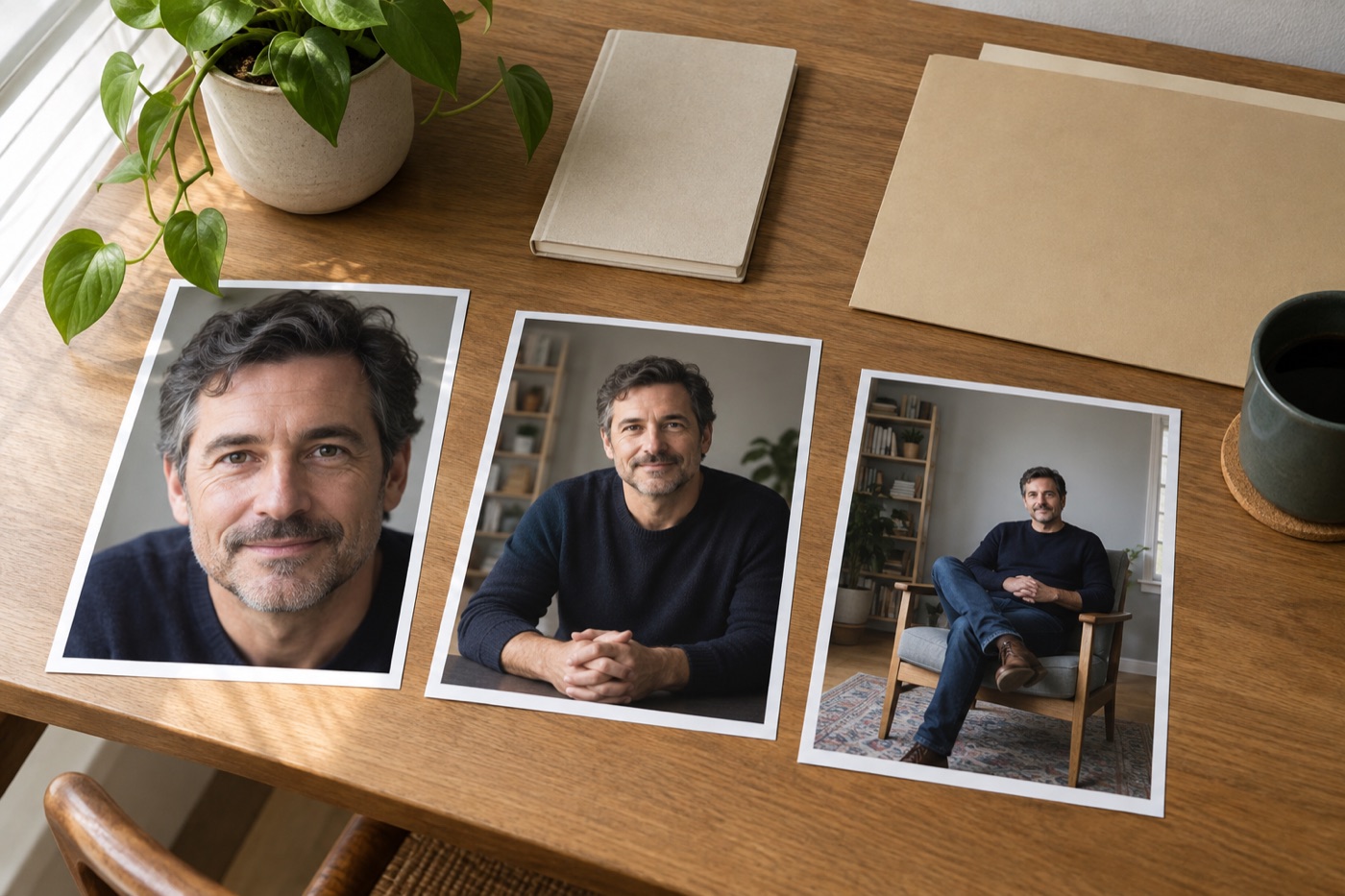 Three author portraits printed at close, medium, and wide crops