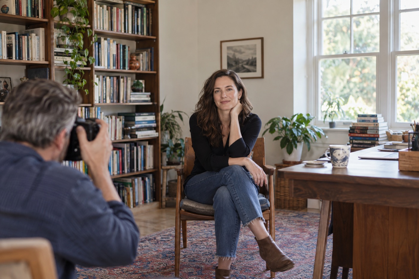 Author sitting for a portrait in a book-lined room with space around her head