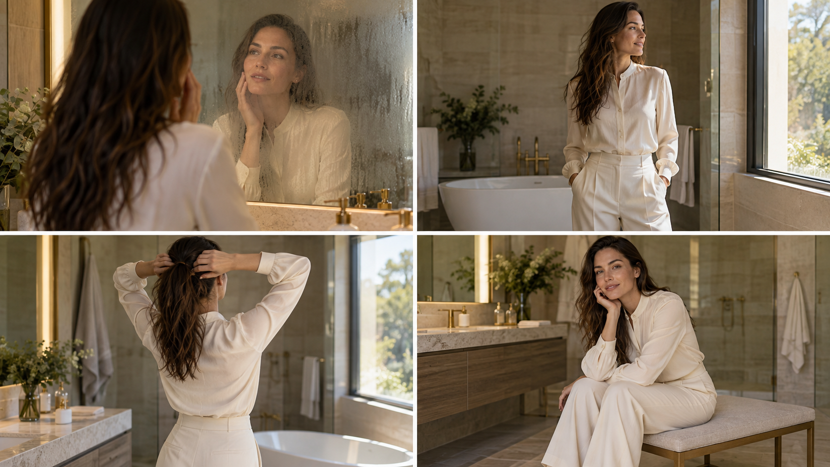 Four bathroom portrait ideas show a fogged mirror, window light, damp-hair pose and seated vanity portrait