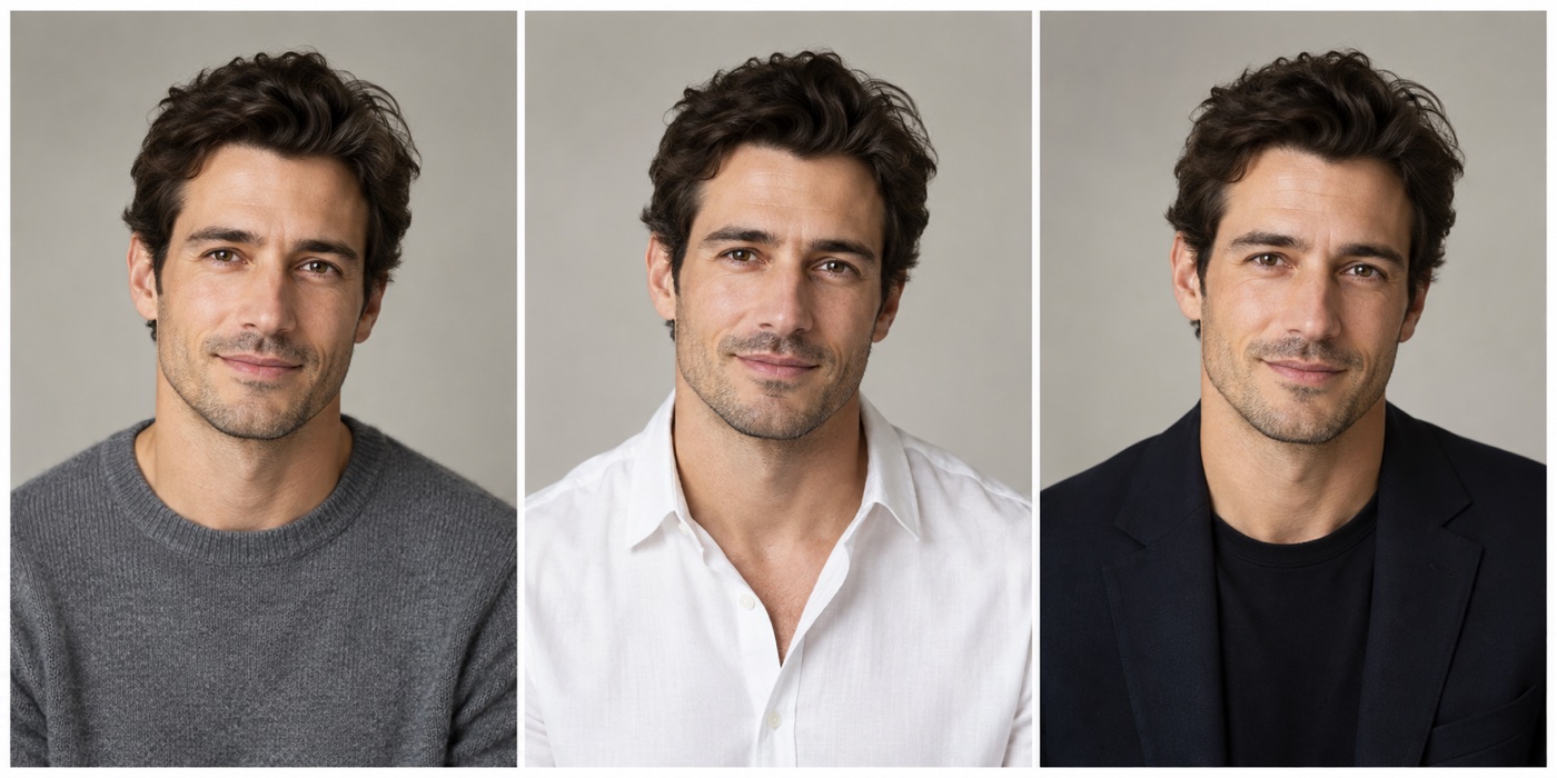 The same actor shown in three simple headshot outfits: knit, shirt and jacket