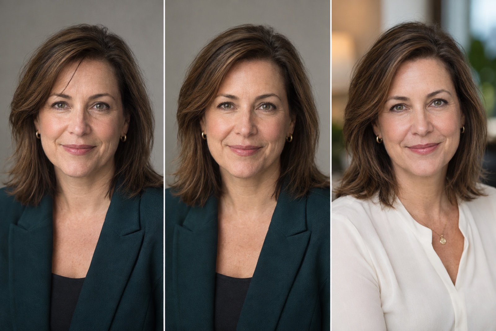 Three illustrative portraits compare an original photo, a subtle retouch, and a new portrait concept.