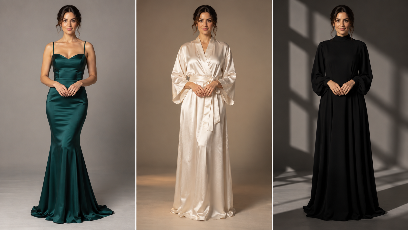 Three matched portraits of one adult woman compare an evening dress, tied satin robe and opaque black gown under different lighting.