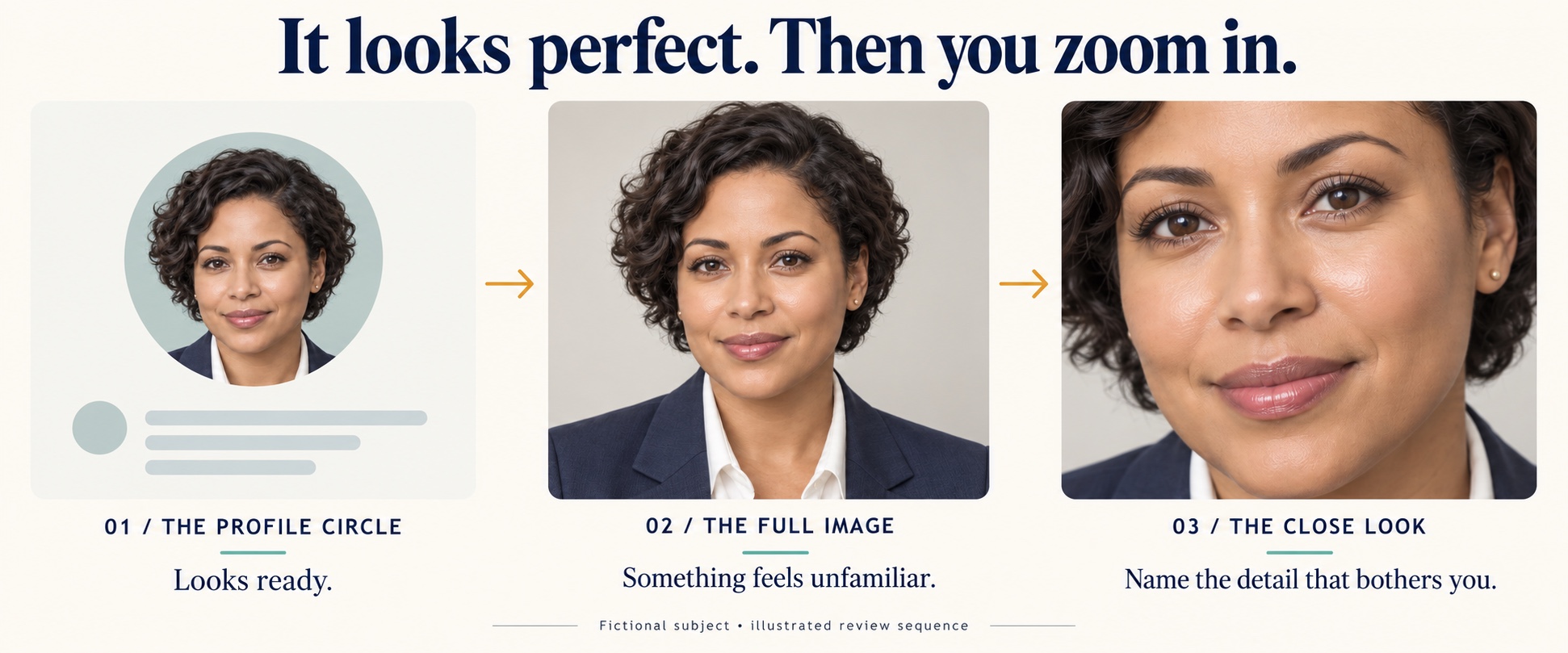 A three-frame visual story moves from a small profile circle to a full portrait and a close facial detail, showing how a reviewer names an unfamiliar detail.