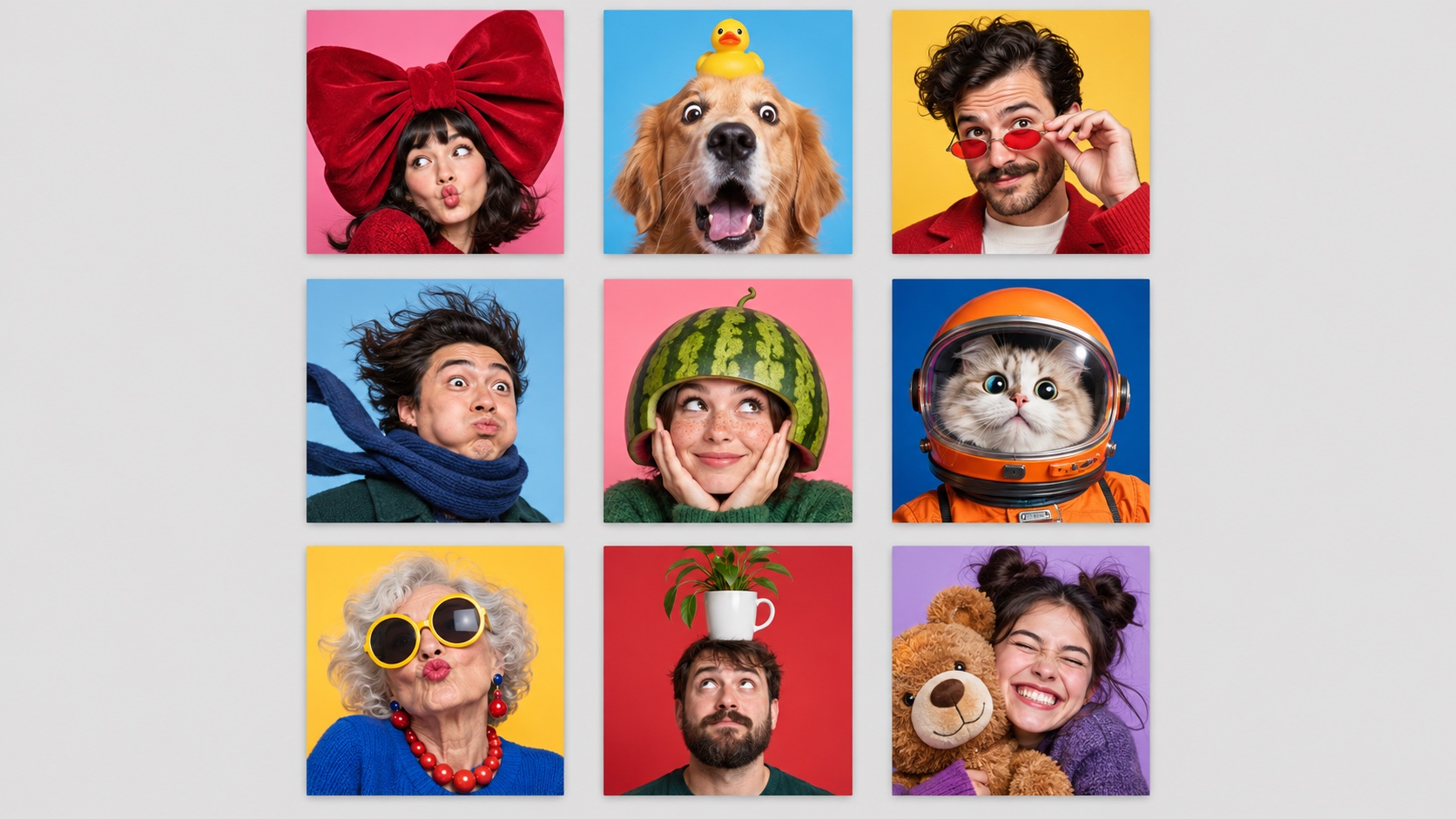 Nine funny avatar ideas use bold props, expressive pets, bright backgrounds, and clear close-up silhouettes.