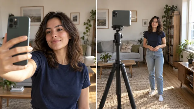 A person compares a handheld front-camera selfie with a rear-camera self-portrait taken from a tripod in the same room.