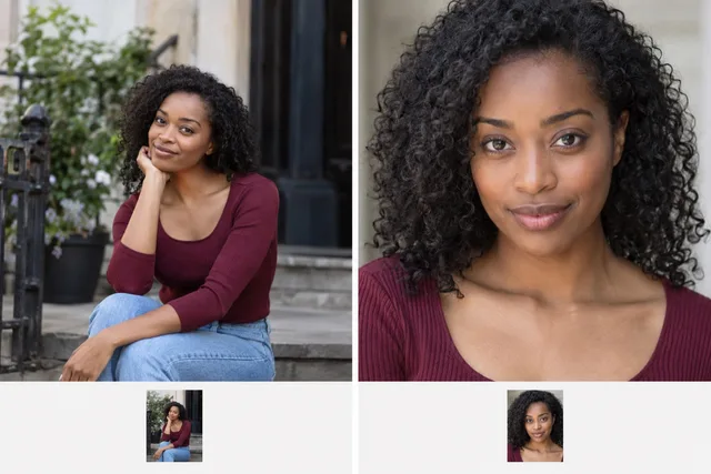 Two casting-profile portrait choices shown at full size and as tiny thumbnails