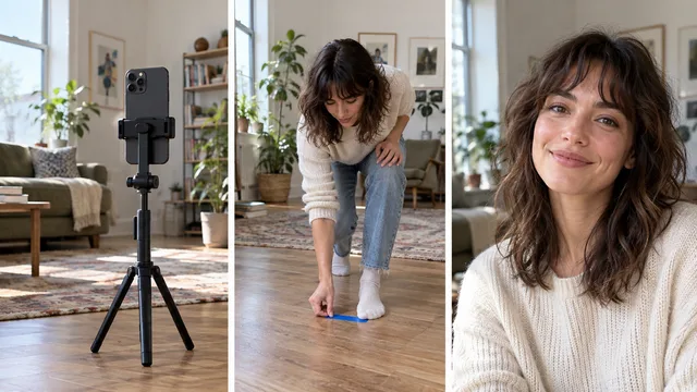 Three frames show a tripod phone, a floor position marker, and the resulting window-lit portrait.